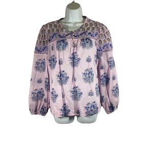 Point Sur Size Large Blouse Popover Pink Purple‎ Floral Print Half Button